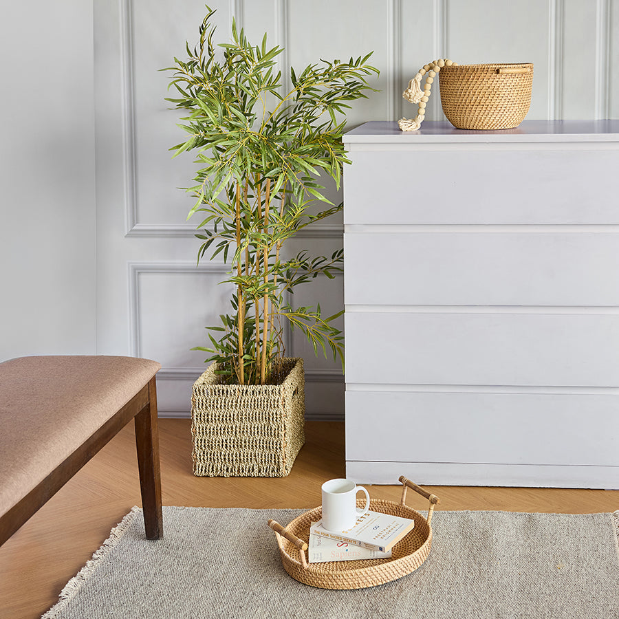 rectangular seagrass planter basket, 
woven plant holder with handles, 
natural fiber indoor plant basket, eco-friendly decorative planter box, 
handwoven basket for artificial plants, round wicker serving tray, 
woven rattan tray with handles, 
Boho decorative tray for coffee table, 
natural fiber breakfast tray.