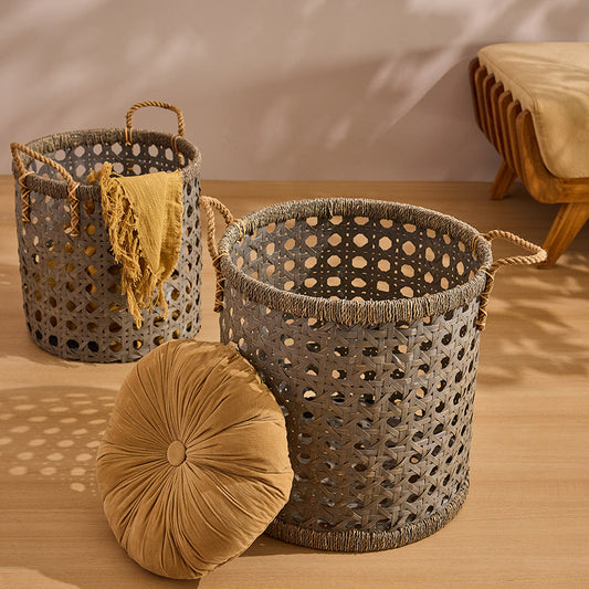 Woven decorative basket, Lattice design storage basket, Open weave storage bin, Handwoven storage basket with rope handles, Bohemian style open-weave basket for living room, Natural decorative basket for throws and pillows, Minimalist home décor accents, Sustainable and stylish storage solutions.

