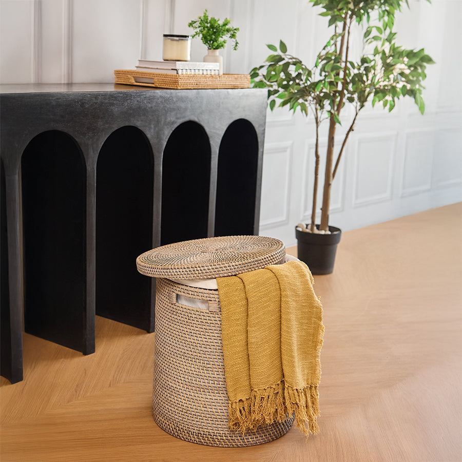 Woven storage basket, Rattan basket with lid, Round wicker hamper, Decorative storage bin, Round lidded wicker storage basket with fabric liner, Woven rattan basket for living room or bedroom, Decorative storage basket with removable lid.