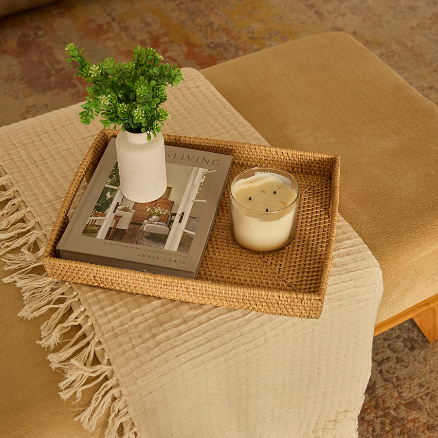 Neutral home decor

Cozy living room accents, Stylish tabletop décor, Modern rustic décor, 
Woven rattan tray, Decorative serving tray, Natural fiber tray, Boho coffee table tray, Interior design coffee table book, Amber Lewis book, Modern home inspiration book , Coffee table styling book .