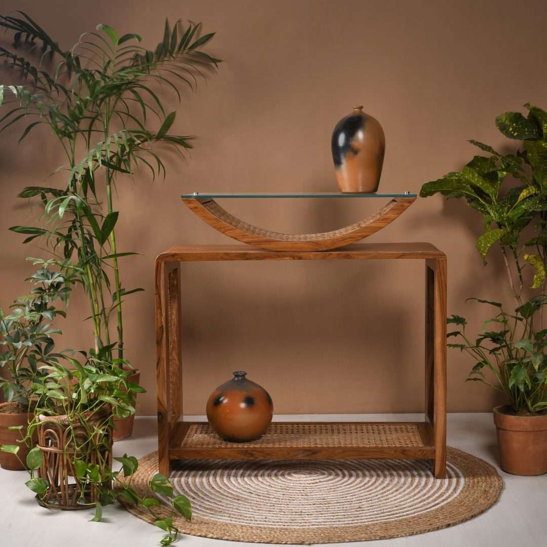 Arch Cane Teak Wood Console Table