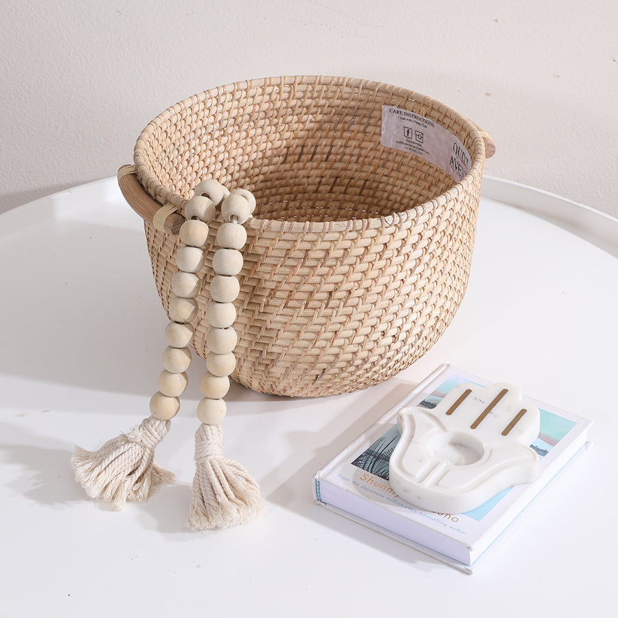 Handwoven round bamboo basket, 
Natural wicker basket with handles, 
Rustic round storage basket, Artisan-made woven basket, Boho style wicker basket, Handcrafted bamboo basket for home decor, Decorative round basket with wooden handle, 
Eco-friendly woven organizer basket, 
Minimalist storage basket for table styling, Organic wicker basket for modern homes. 

