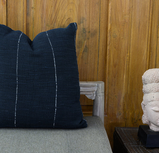 Hand woven Navy Blue cotton cushion cover close up shot