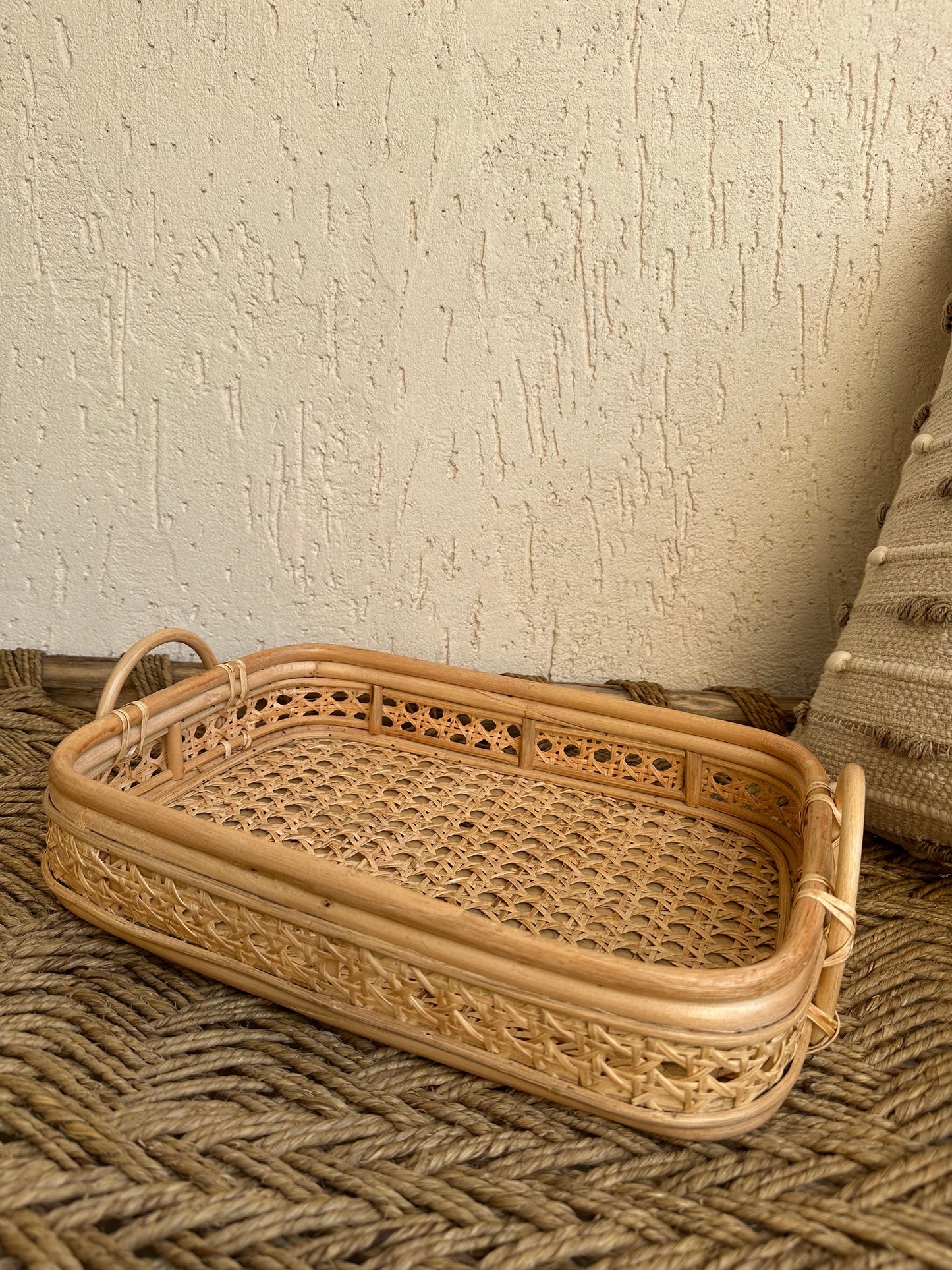 Designer Rattan Cut Work Tray With Handle