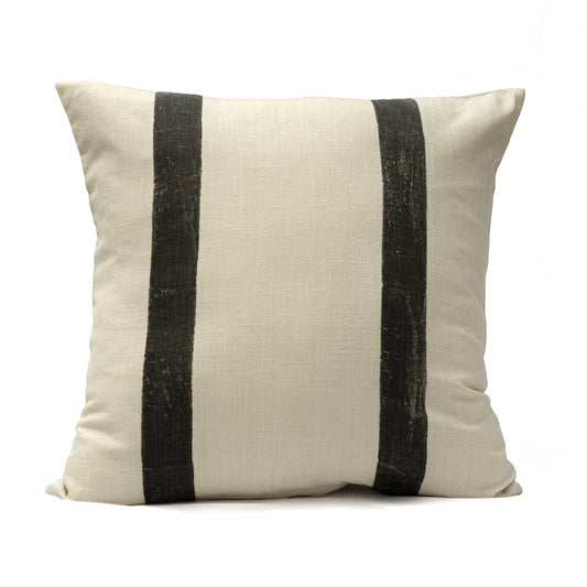 Charcoal double sided striped block print design on an ivory cotton base fabric