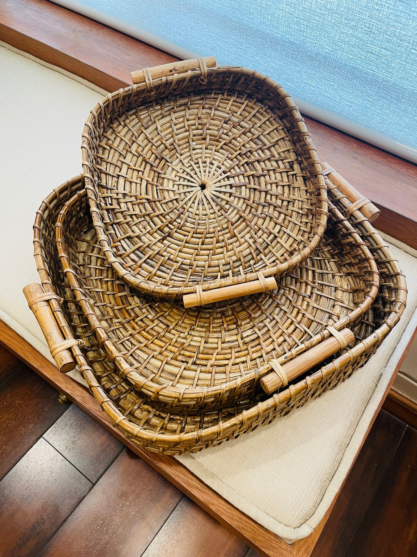Handwoven Cane Tray With Wooden Handle - Square