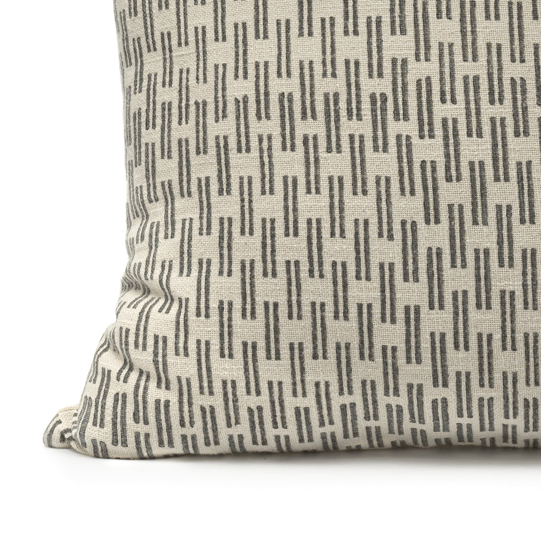 Close up of a Hand block printed grey cotton cushion cover