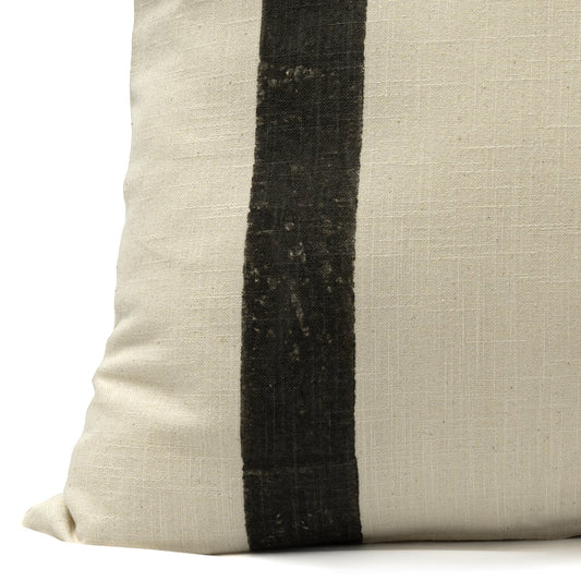 Close up of the Charcoal double sided striped block print design on an ivory cotton base fabric
