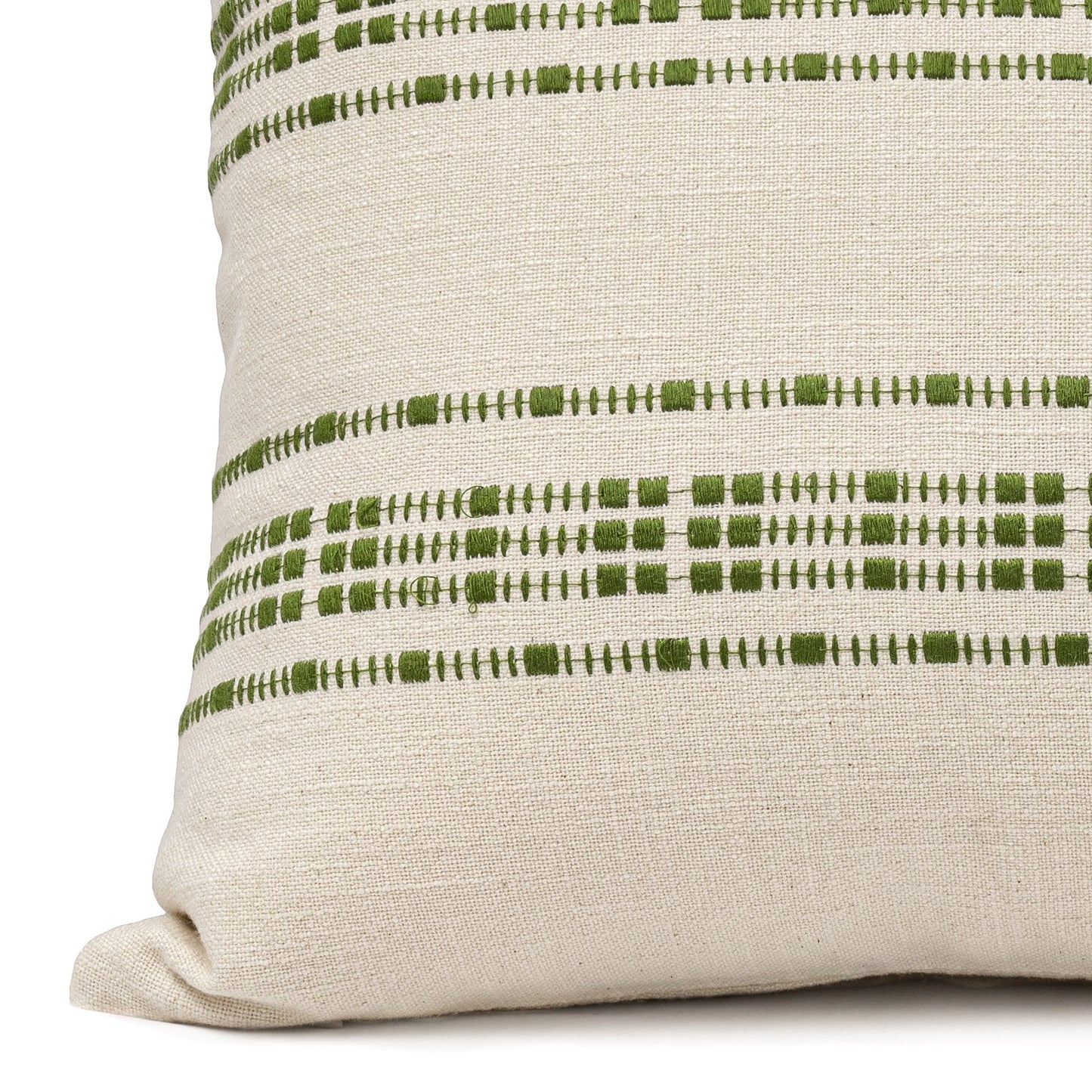 Close up of a Green embroidered cotton lumbar cushion cover