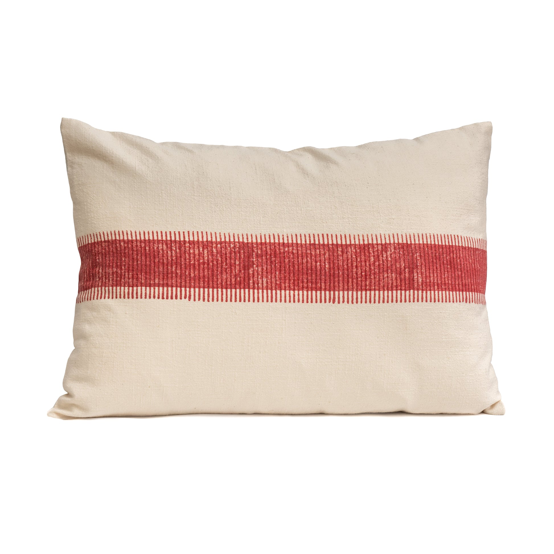 Hand block printed red striped cotton lumbar cushion cover