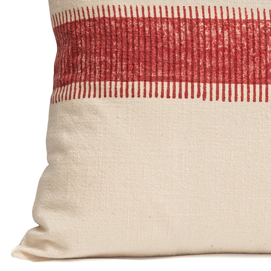 Close up of a Hand block printed red striped cotton lumbar cushion cover
