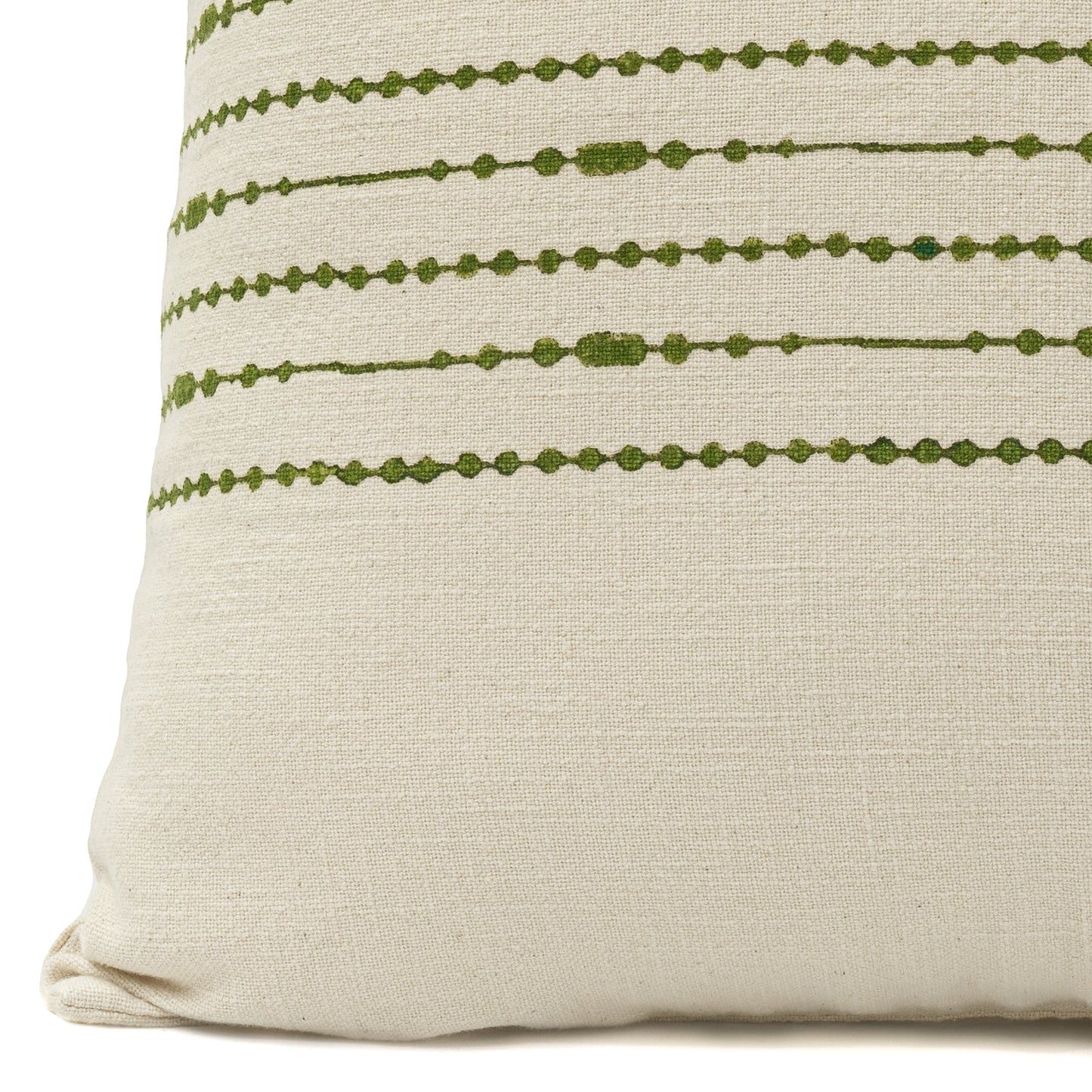 Close up of Hand block printed green cotton cushion cover