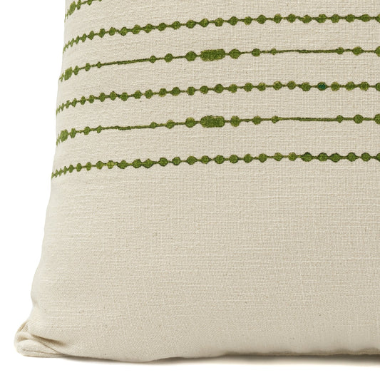 Close up of Hand block printed green cotton cushion cover