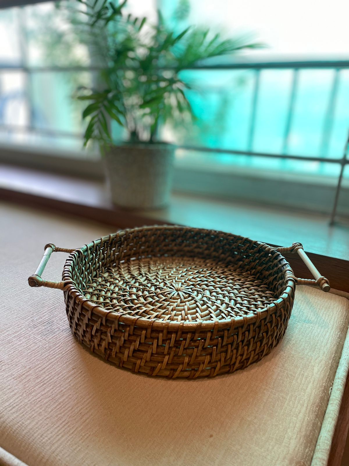 Handwoven Cane Serving Tray With Designer Handle