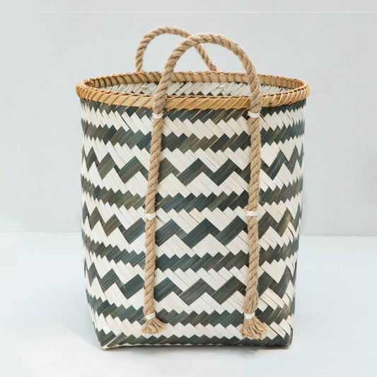 Zigzag Bamboo Handcrafted Storage Basket with Handle